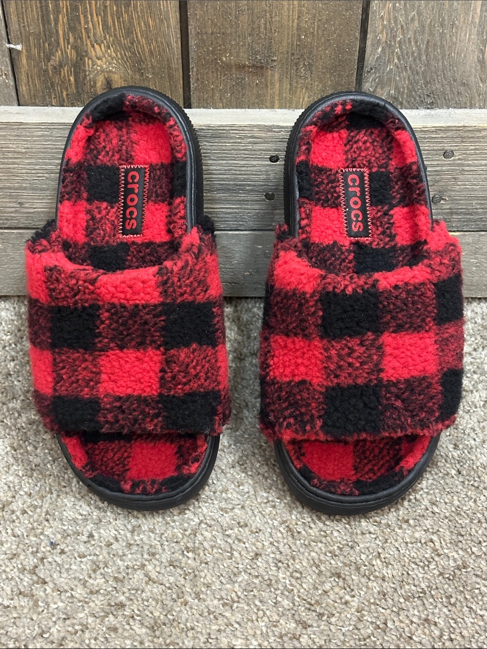 Crocs NEW Classic Buffalo Check Sherpa Plaid Slide Slippers Cozy Cabincore